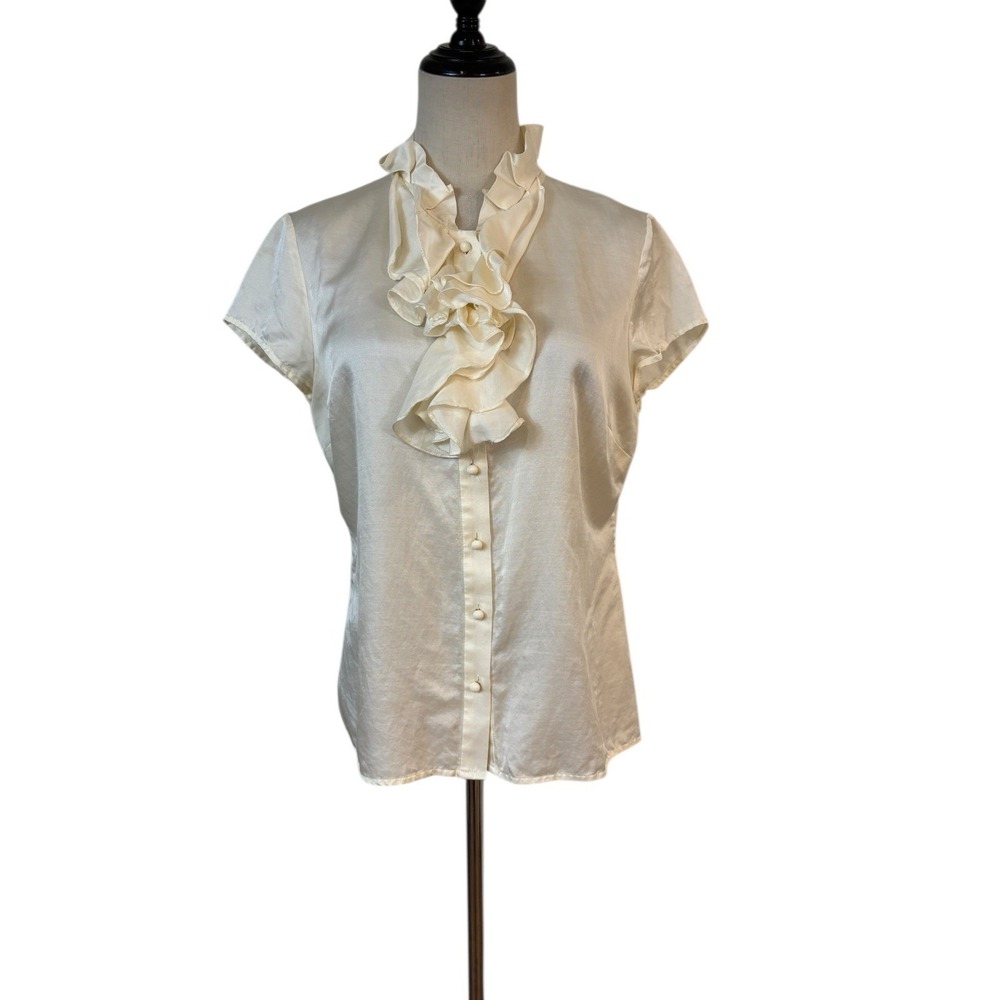 Talbots Silk Blend Ivory Ruffle Blouse Button Up Short Sleeve Sz 10p Cottagecore